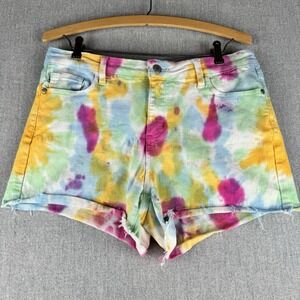 Judy Blue Tie Dye Denim Shorts Womens‎ L Mid Rise Stretch Raw Hem Festival
